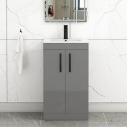 Royal Bathrooms Turin Indigo Grey Gloss 500mm Floor Standing Vanity Unit 2 Door With Minimalist Basin Sink & Matt Black Handles