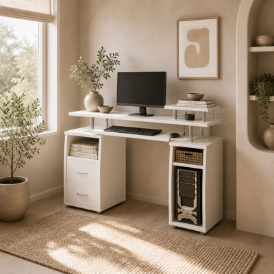 Wyld Haus Risaso 120Cm White Office Desk With Sliding Keyboard Tray, 2 Drawers And Shelving - image 1