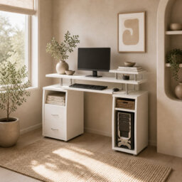 Wyld Haus Risaso 120Cm White Office Desk With Sliding Keyboard Tray, 2 Drawers And Shelving - thumbnail 1