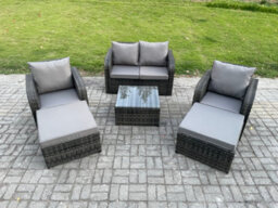 Fimous 6 Seater High Back Rattan Garden Furniture Set With Square Coffee Table Footstool Reclining Chair Patio Lounge Sofa Set - thumbnail 1