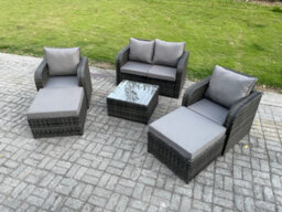 Fimous 6 Seater High Back Rattan Garden Furniture Set With Square Coffee Table Footstool Reclining Chair Patio Lounge Sofa Set - thumbnail 2