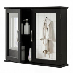 Costway Bathroom Mirror Cabinet 2-Door Wall Cabinet Wooden Meidcine Cabinet-Black - thumbnail 1