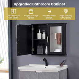 Costway Bathroom Mirror Cabinet 2-Door Wall Cabinet Wooden Meidcine Cabinet-Black - thumbnail 5
