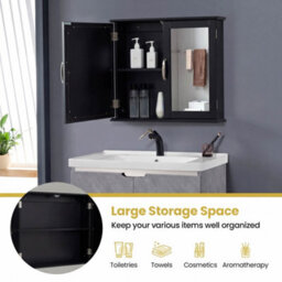 Costway Bathroom Mirror Cabinet 2-Door Wall Cabinet Wooden Meidcine Cabinet-Black - thumbnail 2