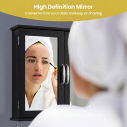 Costway Bathroom Mirror Cabinet 2-Door Wall Cabinet Wooden Meidcine Cabinet-Black - thumbnail 6
