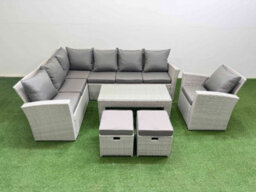 Fimous Rattan Garden Furniture Set Outdoor 9 Seater Corner Sofa Sets With Oblong Coffee Table Chair 2 Small Footstools Light Grey - thumbnail 2