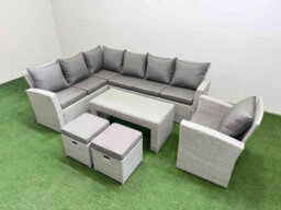 Fimous Rattan Garden Furniture Set Outdoor 9 Seater Corner Sofa Sets With Oblong Coffee Table Chair 2 Small Footstools Light Grey - thumbnail 1