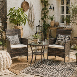 Wyld Haus Lovi Brown 3-Piece Outdoor Bistro Chair Set With Cushions - 2 Armchairs And Coffee Table