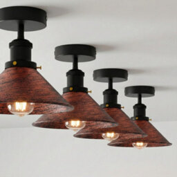 Vintage Flush Mount Ceiling Lighting With Metal E27 Holder Rustic Red  Cone Lampshade For Living Room Dining Room Without Bulb - thumbnail 5