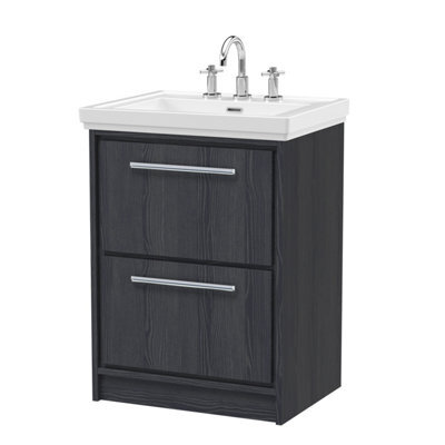 Hudson Reed Lille Floor Standing 2 Drawer Vanity Unit With 3 Tap Hole Basin, Graphite Woodgrain, 866 X 630 mm - image 1