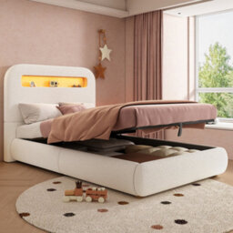 Single Upholstered Hydraulic Storage Bed With Headboard, Led Lighting And Solid Wood Legs - thumbnail 3