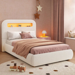 Single Upholstered Hydraulic Storage Bed With Headboard, Led Lighting And Solid Wood Legs - thumbnail 5