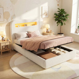 Single Upholstered Hydraulic Storage Bed With Headboard, Led Lighting And Solid Wood Legs - thumbnail 2
