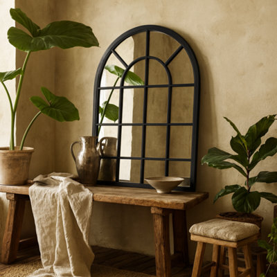 Wyld Haus Large Black Industrial Arched Wooden Windowpane Mirror 1350 X 900 mm - image 1