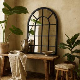 Wyld Haus Large Black Industrial Arched Wooden Windowpane Mirror 1350 X 900 mm
