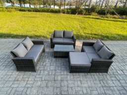Fimous Dark Grey 7 Seater Outdoor Rattan Garden Furniture Set Patio Love Sofa Rectangular Coffee Table Set With Big Footstool - thumbnail 1