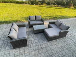 Fimous Dark Grey 7 Seater Outdoor Rattan Garden Furniture Set Patio Love Sofa Rectangular Coffee Table Set With Big Footstool - thumbnail 2