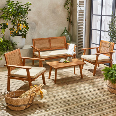 Sweeek - 4-Seater Wooden And Cane Rattan Garden Sofa Set Brown And Beige 117X64X74 Cm - Bohemia - image 1