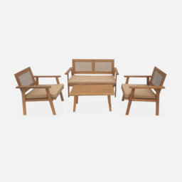 Sweeek - 4-Seater Wooden And Cane Rattan Garden Sofa Set Brown And Beige 117X64X74 Cm - Bohemia - thumbnail 2