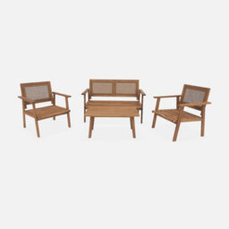 Sweeek - 4-Seater Wooden And Cane Rattan Garden Sofa Set Brown And Beige 117X64X74 Cm - Bohemia - thumbnail 6