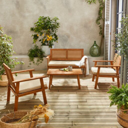 Sweeek - 4-Seater Wooden And Cane Rattan Garden Sofa Set Brown And Beige 117X64X74 Cm - Bohemia - thumbnail 9