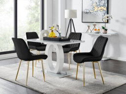 Furniturebox Giovani Rectangular 4 Seat White High Gloss Unique Halo Base Dining Table Grey Glass Top 4 Black Velvet Gold Leg Pesaro Chairs