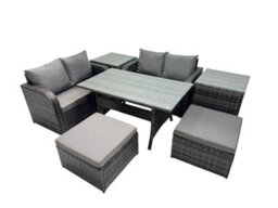 Fimous Wicker Pe Rattan Garden Outdoor Furniture Set Love Sofa Dining Table Sets With 2 Side Table 2 Big Stools Dark Grey Mixed - thumbnail 2