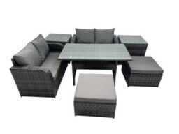 Fimous Wicker Pe Rattan Garden Outdoor Furniture Set Love Sofa Dining Table Sets With 2 Side Table 2 Big Stools Dark Grey Mixed - thumbnail 1