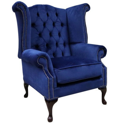 Chesterfield High Back Wing Chair Monaco Royal Blue Velvet Bespoke In Queen Anne Style - image 1