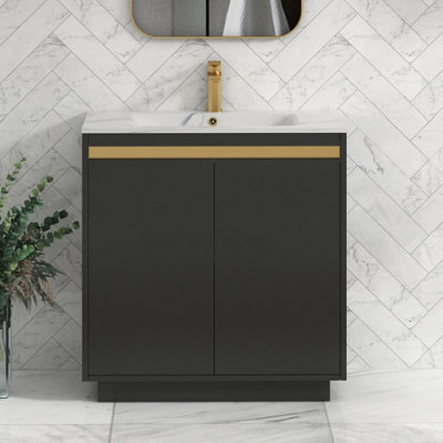 Royal Bathrooms 800mm Matt Obsidian Black 2 Door Floor Standing Vanity Unit With Carrara White Basin & Brushed Brass Accent Trim - image 1