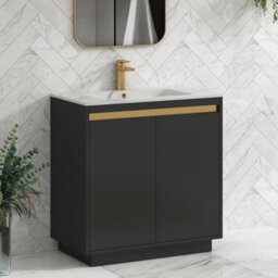 Royal Bathrooms 800mm Matt Obsidian Black 2 Door Floor Standing Vanity Unit With Carrara White Basin & Brushed Brass Accent Trim - thumbnail 6
