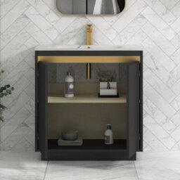 Royal Bathrooms 800mm Matt Obsidian Black 2 Door Floor Standing Vanity Unit With Carrara White Basin & Brushed Brass Accent Trim - thumbnail 4