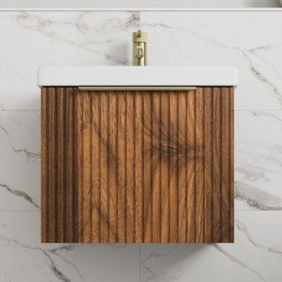 Aveli Fluted 500mm Bathroom Vanity Unit Basin Wall Hung Cupboard Soft Close Walnut - image 1