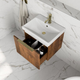 Aveli Fluted 500mm Bathroom Vanity Unit Basin Wall Hung Cupboard Soft Close Walnut - thumbnail 4
