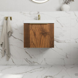 Aveli Fluted 500mm Bathroom Vanity Unit Basin Wall Hung Cupboard Soft Close Walnut - thumbnail 2