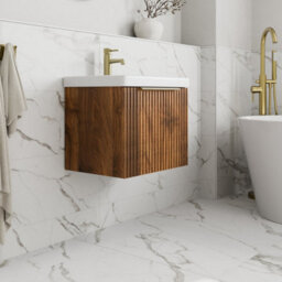 Aveli Fluted 500mm Bathroom Vanity Unit Basin Wall Hung Cupboard Soft Close Walnut - thumbnail 3