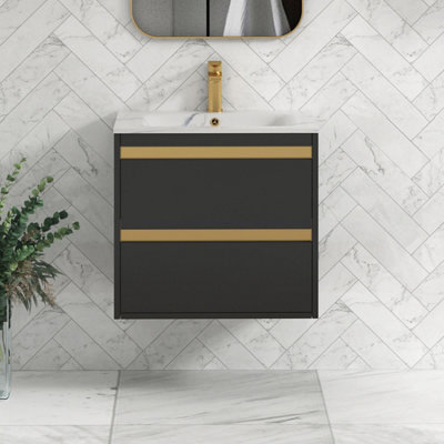 Royal Bathrooms 600mm Matt Obsidian Black 2 Drawer Wall Hung Vanity Unit With Carrara White Basin & Brushed Brass Accent Trim - image 1