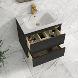 Royal Bathrooms 600mm Matt Obsidian Black 2 Drawer Wall Hung Vanity Unit With Carrara White Basin & Brushed Brass Accent Trim - thumbnail 4