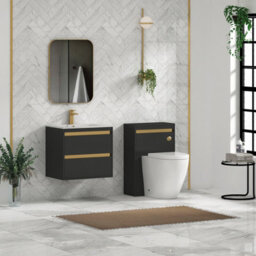 Royal Bathrooms 600mm Matt Obsidian Black 2 Drawer Wall Hung Vanity Unit With Carrara White Basin & Brushed Brass Accent Trim - thumbnail 3
