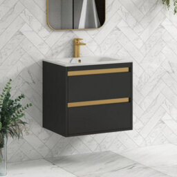 Royal Bathrooms 600mm Matt Obsidian Black 2 Drawer Wall Hung Vanity Unit With Carrara White Basin & Brushed Brass Accent Trim - thumbnail 6