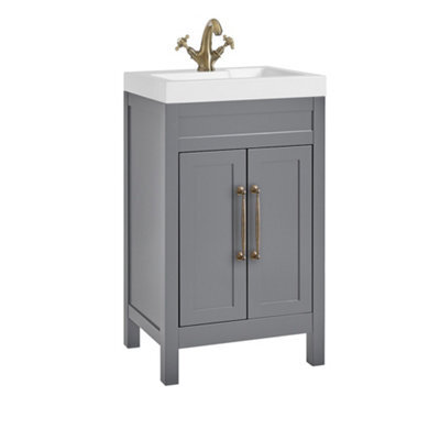 Homestylestore 502mm Light Grey Floorstanding Bathroom Vanity Unit And Classic Aged Gold T Bar Handles - image 1