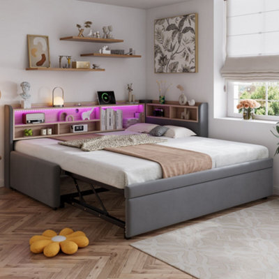 Merax 3Ft Single Daybed 90 X 190 Cm, Velvet Upholstered Sofa Bed With Pull-Out Trundle, Led & Usb Charging, Grey - image 1