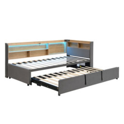 Merax 3Ft Single Daybed 90 X 190 Cm, Velvet Upholstered Sofa Bed With Pull-Out Trundle, Led & Usb Charging, Grey - thumbnail 7