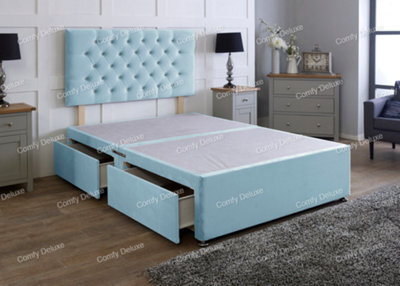 Comfy Deluxe 5Ft Sky Blue   Plush   King Divan Bed Base With Headboard 2 Drawers Same Side