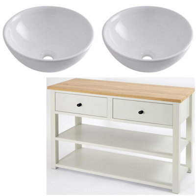 Homestylestore 1215mm Antique White And Oak Bathroom Vanity Unit With Round Countertop Basins And Black Round Handles - image 1