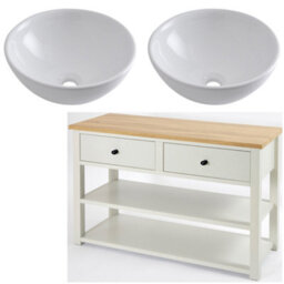 Homestylestore 1215mm Antique White And Oak Bathroom Vanity Unit With Round Countertop Basins And Black Round Handles - thumbnail 1