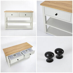 Homestylestore 1215mm Antique White And Oak Bathroom Vanity Unit With Round Countertop Basins And Black Round Handles - thumbnail 3