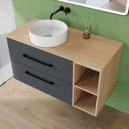 AVER-GROWTH 1000mm Bathroom Vanity Unit With Ceramic Sink 2 Drawer Countertop Basin Wall Hung Matt Grey Oak Bathroom Cabinet Shelves Storage - thumbnail 4