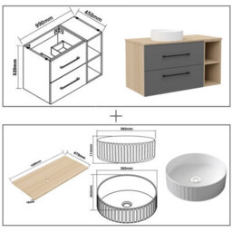 AVER-GROWTH 1000mm Bathroom Vanity Unit With Ceramic Sink 2 Drawer Countertop Basin Wall Hung Matt Grey Oak Bathroom Cabinet Shelves Storage - thumbnail 7