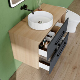 AVER-GROWTH 1000mm Bathroom Vanity Unit With Ceramic Sink 2 Drawer Countertop Basin Wall Hung Matt Grey Oak Bathroom Cabinet Shelves Storage - thumbnail 5